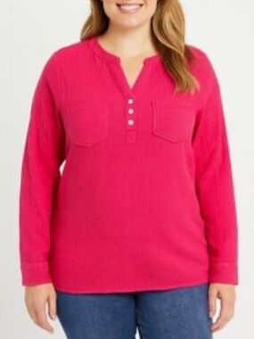 Mote 100% cotton gauzy long sleeve three button pullover top XXL